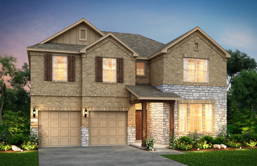 Exterior:The Albany, a two-story home with 2-car garage, shown with Home Exterior 35