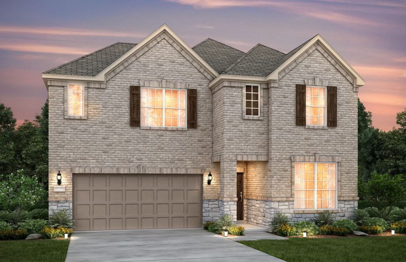 Exterior:The San Marcos, a 2-story new construction home with shutters, shown with Home Exterior B