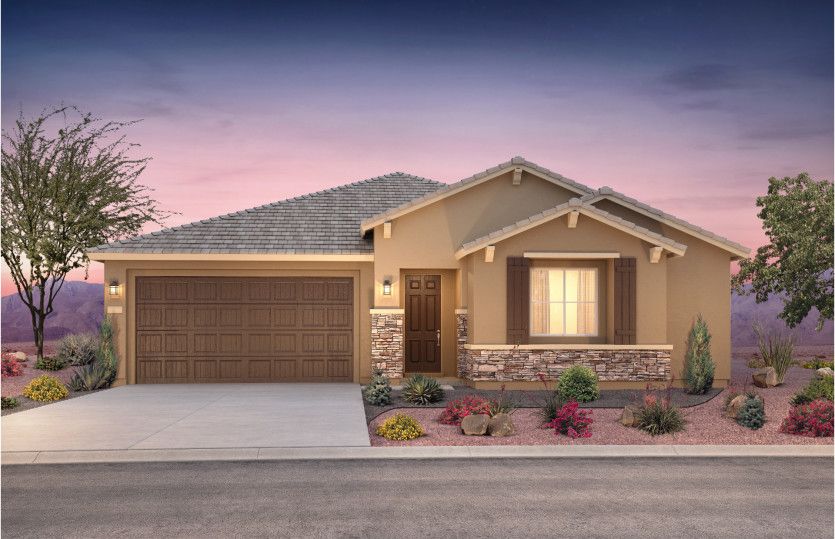 Stella:Exterior rendering shown in design style B. This design features decorative stone accents for maximu