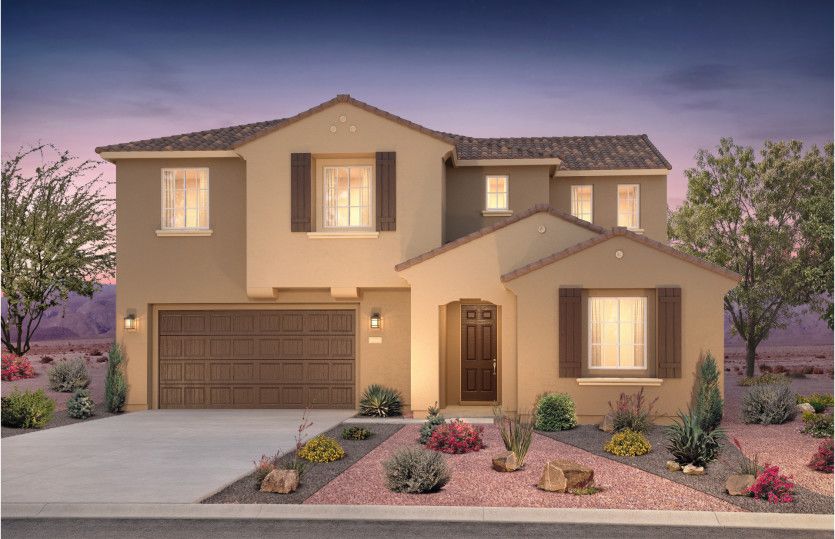 Preston:Exterior rendering of the Preston shown in design style A featuring a large 3 car garage.