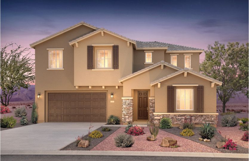 Preston:Exterior rendering shown in design style B. This design features decorative stone accents for maximu