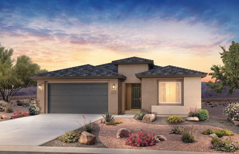 Tifton Walk:Single-story Tifton Walk floorplan shown in Elevation C with different colored stucco for a modern d