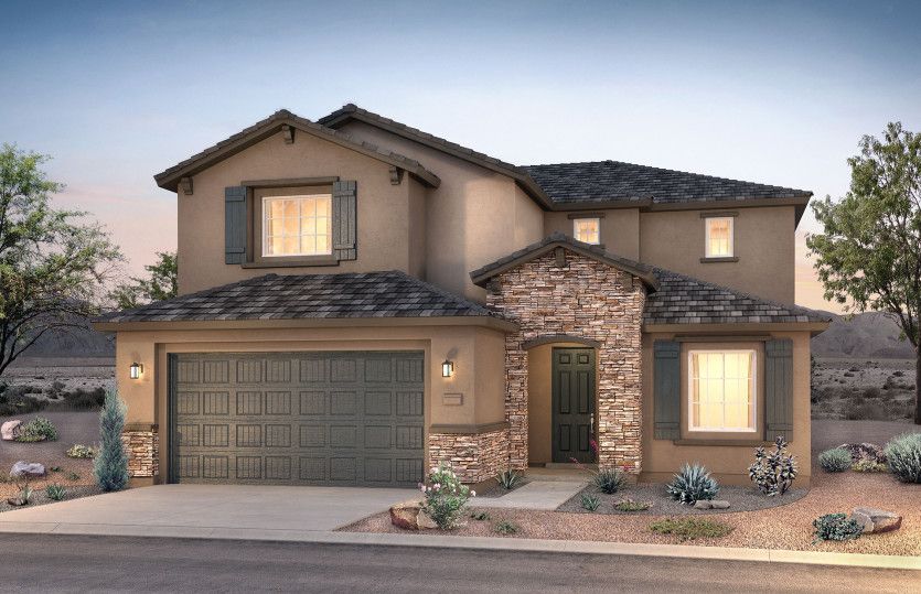 Exterior:Two-story Yucca shown in Elevation B with a two-car garage and stunning stone accents.