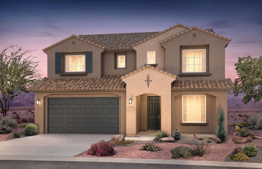 Monza:Two-story Monza floorplan shown in Elevation A with a two-car garage.