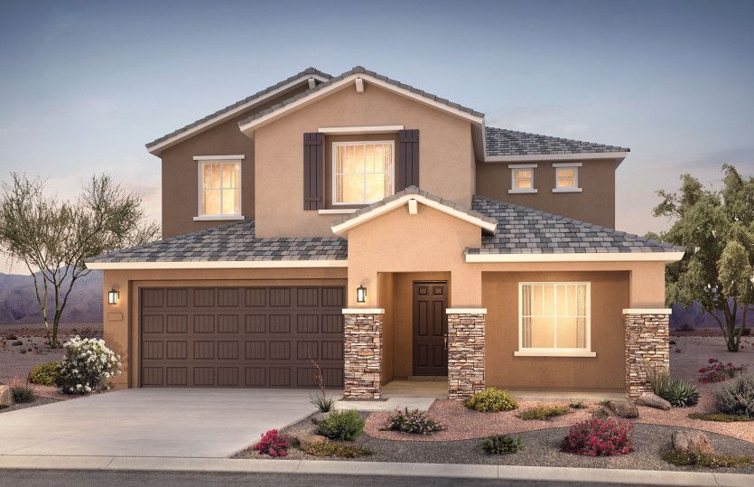 Trento:Two-story Trento floorplan shown in Elevation B with a two-car garage and stunning stone accents.