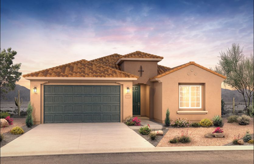 Tifton Walk:The Tifton Walk shown in Elevation A with a 2.5 car garage and tan stucco.