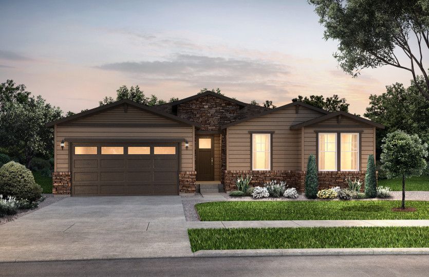 Exeter:The Exeter shown in Elevation A designed with classic shake siding, pitched gable roofs, and stylish