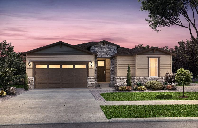 Parklane:The Parklane shown in Elevation A designed with classic shake siding, pitched gable roofs, and styli