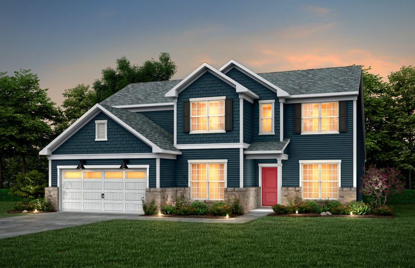 Vanderbilt:Vanderbilt Exterior 2 features siding, shakes, brick, covered front door and 2 car garage