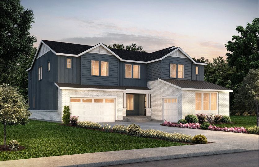 Pesaro:Two-story Pesaro plan shown in Elevation A with a three-car garage.