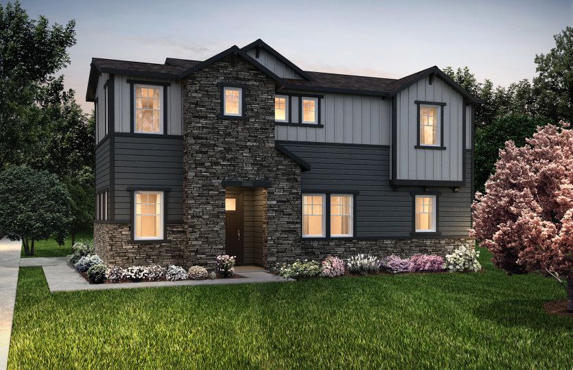 Vail:The Vail shown in Elevation A is designed with classic shake siding and stylish stone accents.
