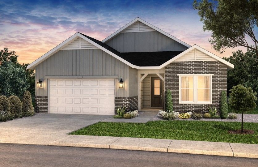 Sanctuary:The classic Farmhouse elevation boasts stylish brick accents for added curb appeal.