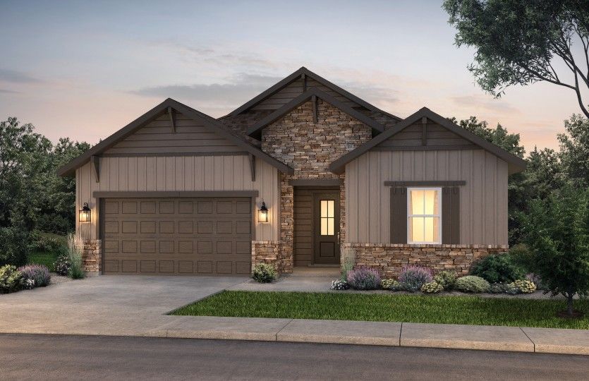 Salerno:Enjoy classic elegance with the Colorado Ranch elevation featuring classic colors and stone accents.