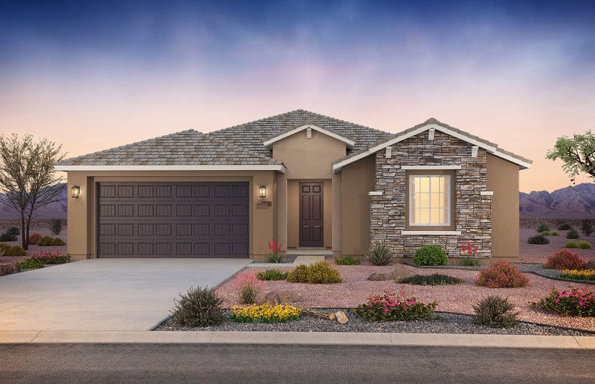 Parklane:Single-story Parklane shown in Elevation B with a two-car garage and stylish brick accents