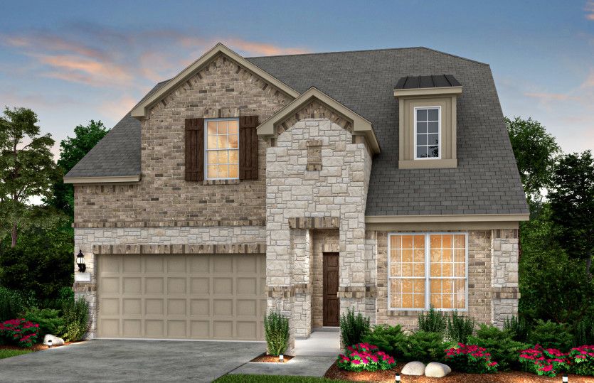 Exterior:The Riverdale, a two-story home with 2-car garage, shown as Home Exterior D *model representation