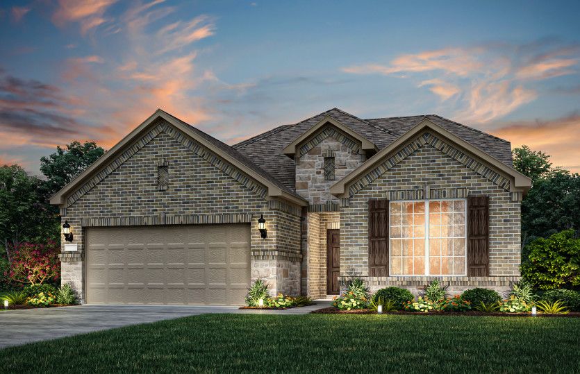 Exterior:Exterior B with stone accents, shutters, and a 2-car garage with storage space