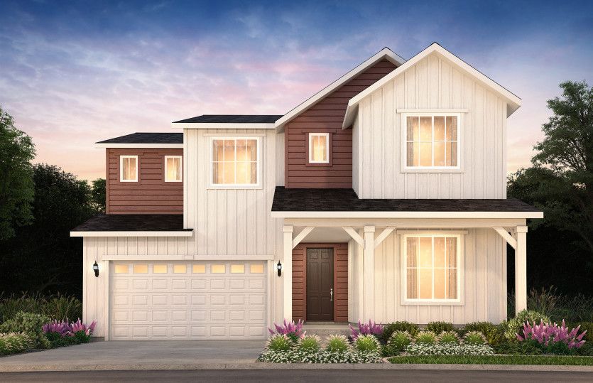 Quincy:The Quincy shown in Elevation A designed with classic shake siding and pitched gable roofs.