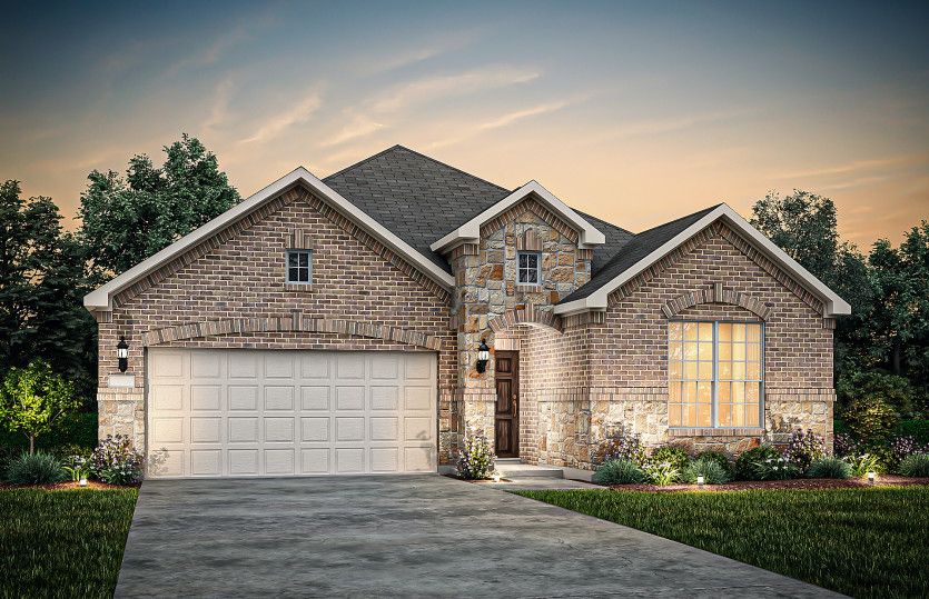 Exterior:The Orchard, a one-story home with 2-car garage, shown with Home Exterior 35 *model representation