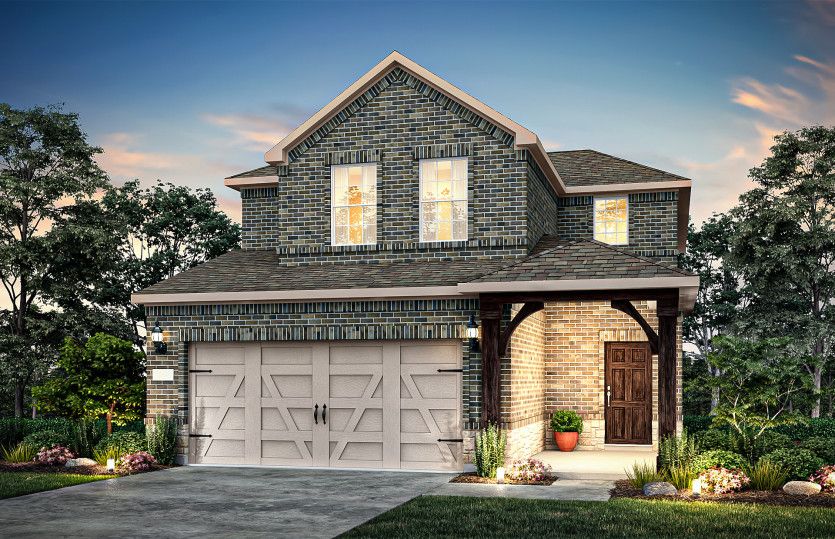 Exterior:The Harrison, a two-story home with 2-car garage, shown with Home Exterior V *Model representation