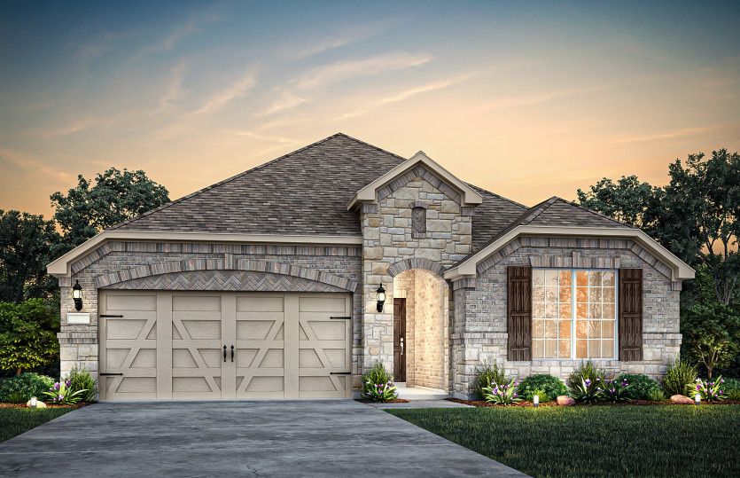 Bell:The Bell, a one-story home with 2-car garage, shown with Home Exterior C