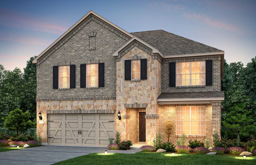Sondra:The Sondra, a two-story home with covered front porch and 2-car garage, shown as Home Exterior B