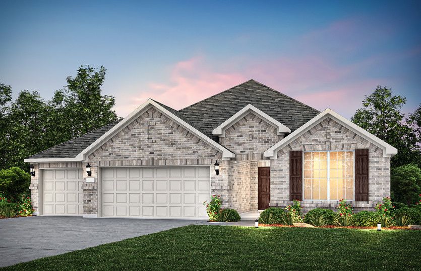 Exterior:The McKinney, a one-story home with 3-car garage, shown as Home Exterior A