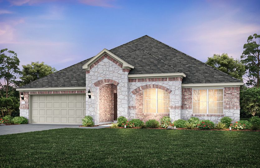 Exterior:The Dunlay, a one-story home with 2-car garage, shown with Home Exterior C