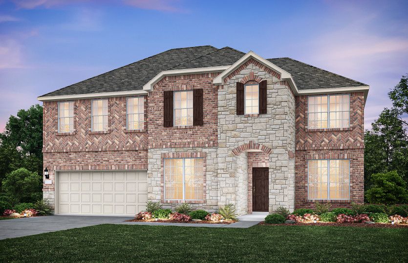 Exterior:The Oak Grove, a two-story home with 2-car garage, shown as Home Exterior B *Model representation
