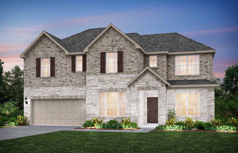 Exterior:The Oak Grove, a two-story home with 2-car garage, shown as Home Exterior D