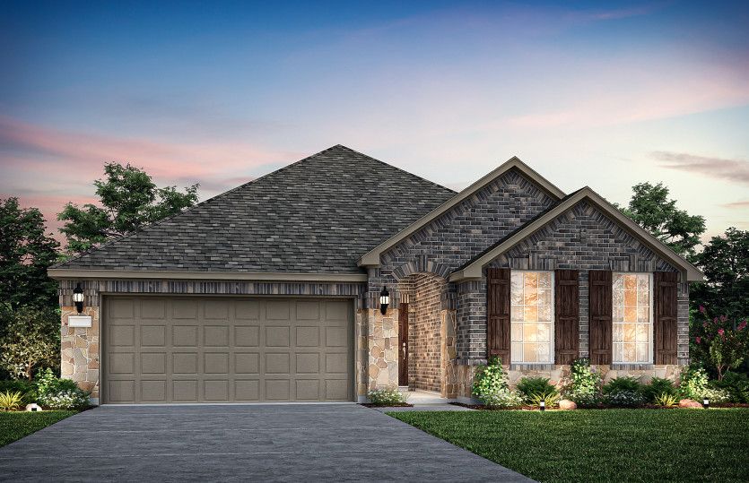Exterior:Exterior B, with stone accents, shutters, and 2-car garage with extra storage space *Model representation