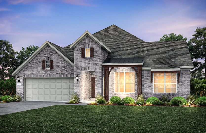 Exterior:The Dunlay, a one-story home with 2-Car Garage, shown with Home Exterior E.