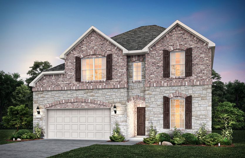 Lexington:Exterior C with wood shutters, stone accents, and 2-car garage with additional storage