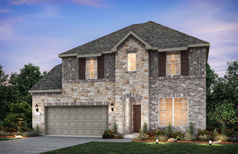 Exterior:Exterior D with shutters, stone accents, and 2-car garage with additional storage *Model representation