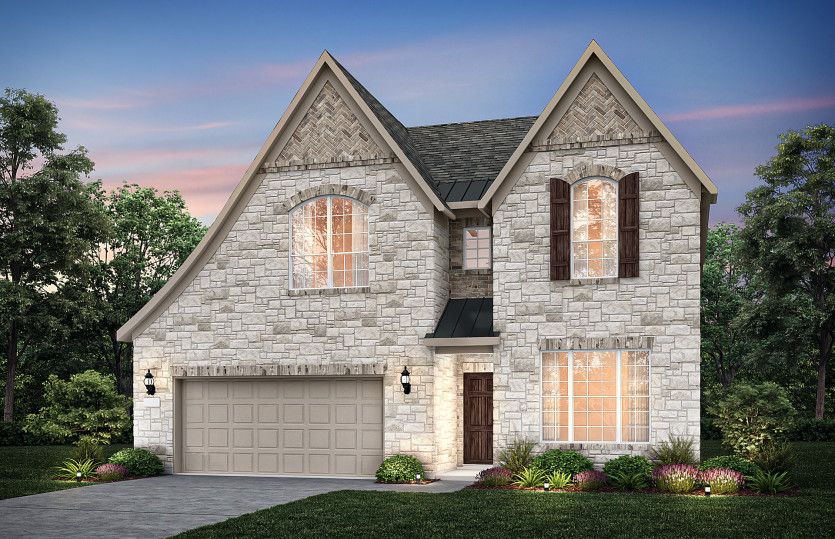 Exterior:Exterior F with wood shutters, stone accents, and 2-car garage with additional storage *Model representation