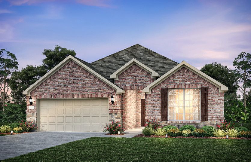 Exterior:Exterior B with wood shutters, and 2-car garage with additional storage