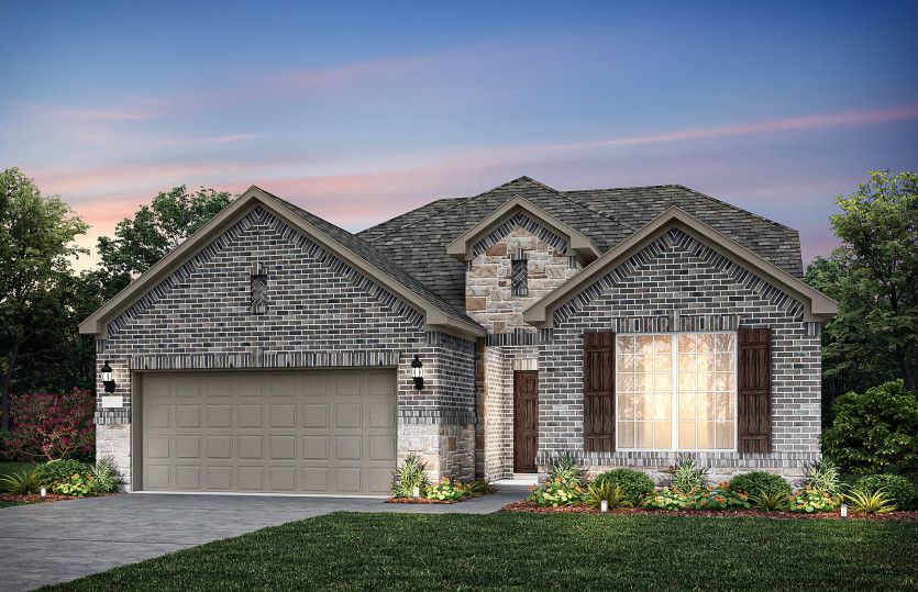 Exterior:Exterior B with stone and a 2-car garage with storage space *Model representation