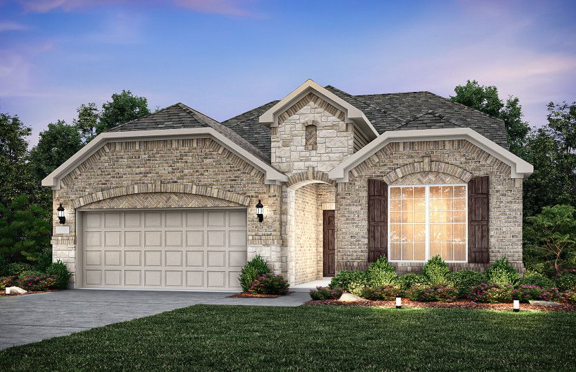 Exterior:Exterior C with stone and a 2-car garage with storage space *Model representation