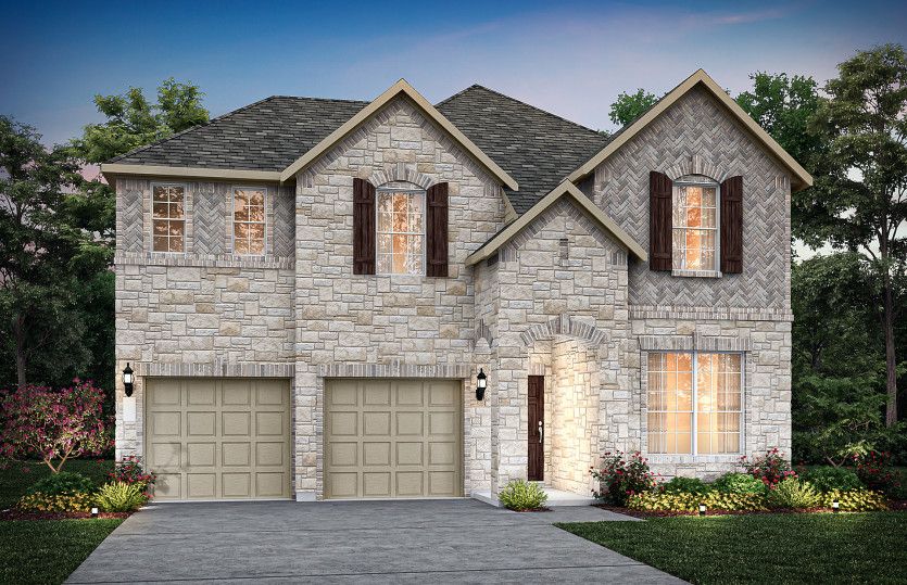 Exterior:The San Marcos, a 2-story new construction home with shutters, shown with Home Exterior D *Model representation