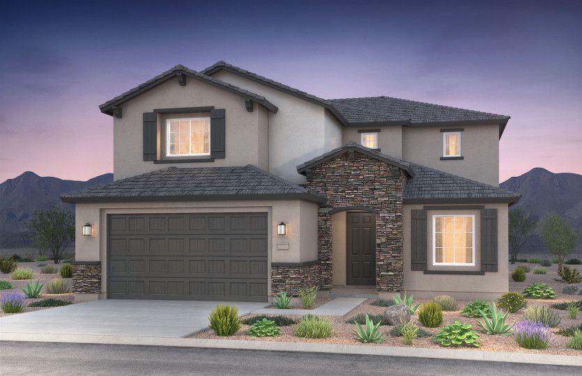 Yucca:Two-story Yucca shown in Elevation B with a two-car garage and optional stone accents.