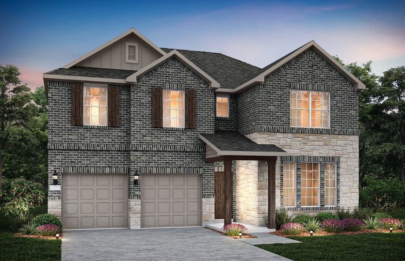 Exterior:The Albany, a two-story home with 2-car garage, shown with Home Exterior 35