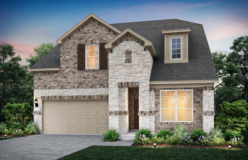 Exterior:The Riverdale, a two-story home with 2-car garage, shown as Home Exterior D *Model representation
