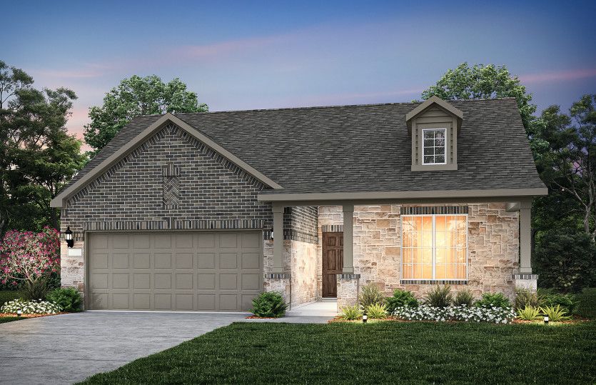 Exterior:The Emory, a one-story home with 2-car garage, shown with Home Exterior 37
