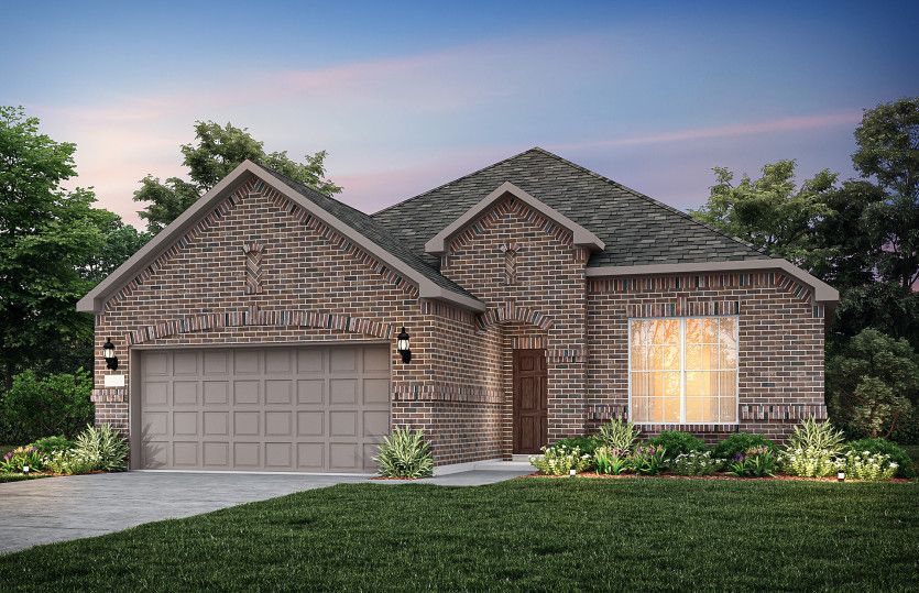 Exterior:The Emory, a one-story home with 2-car garage, shown with Home Exterior 33 *Model representation