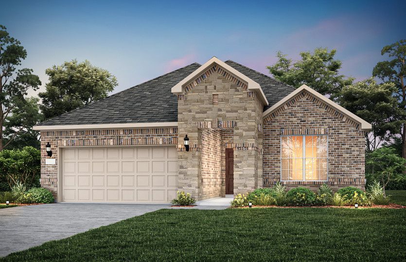 Exterior:The Emory, a one-story home with 2-car garage, shown with Home Exterior 35