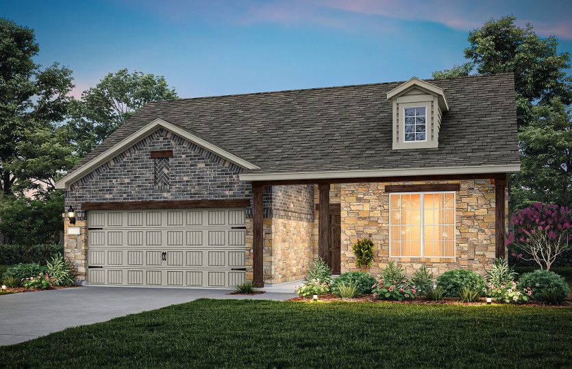 Exterior:The Emory, a one-story home with 2-car garage, shown with Home Exterior 36 *Model representation