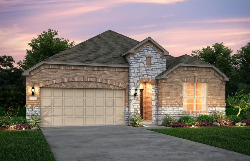 Exterior:The Parker, a one-story home with 2-car garage, shown with Home Exterior 35 *Model representation