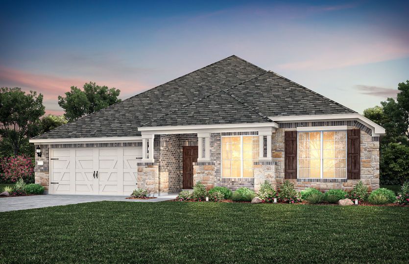 Exterior:The Dunlay, a one-story home with 2-Car Garage, shown with Home Exterior D