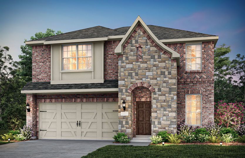 Exterior:The Hamilton, a 2-story plan with a 2-car garage, show as Exterior B
