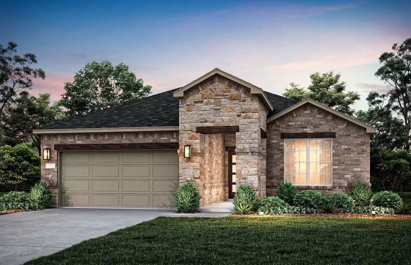 Exterior:The Emory, a one-story home with 2-car garage, shown with Home Exterior 34 *Model representation