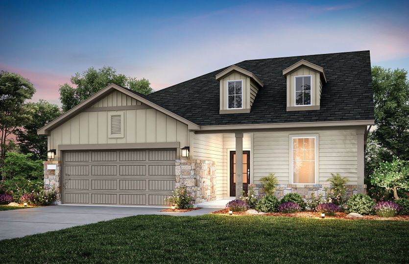 Exterior:The Emory, a one-story home with 2-car garage, shown with Home Exterior 41 *Model representation
